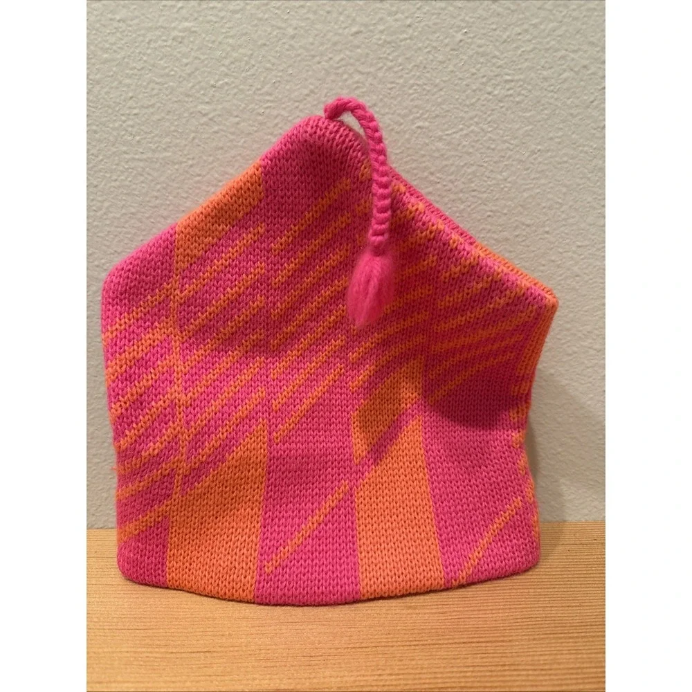 Vintage Smiley‎ Hat Wool Ski Hat Pink With Orange Stripes Beanie No Tag